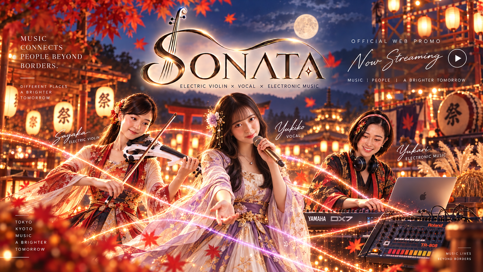 祭りの夜に演奏するSayaka、Yukiko、YukariのSonataプロモーションアート